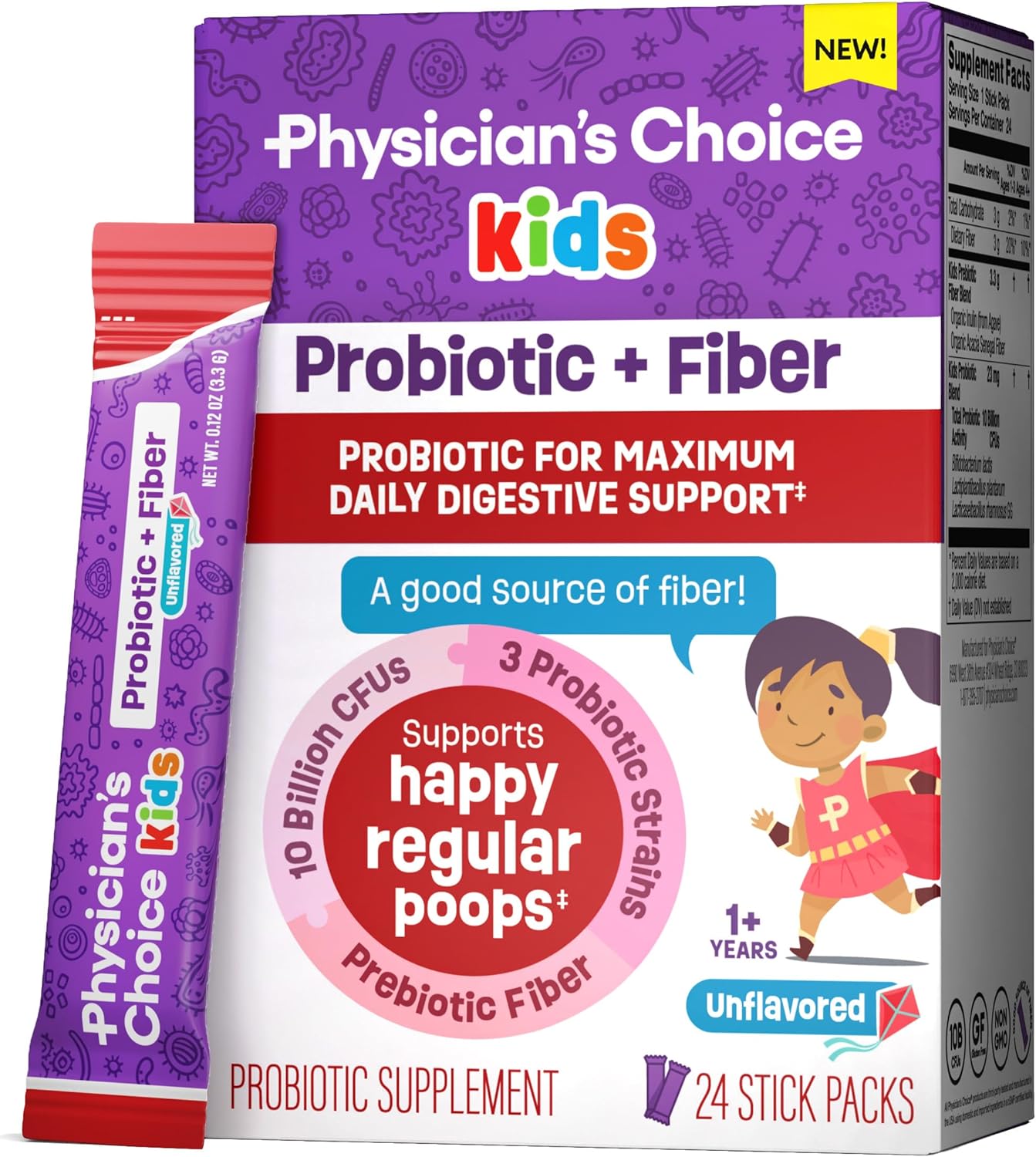 Physician'S Choice Kids Probiotic + Prebiotic Fiber Packets (Ages 1+) - Supports Regularity, Occasional Constipation & A Healthy Digestive System - No Allergens Or Preservatives - Unflavored - 24 Pack