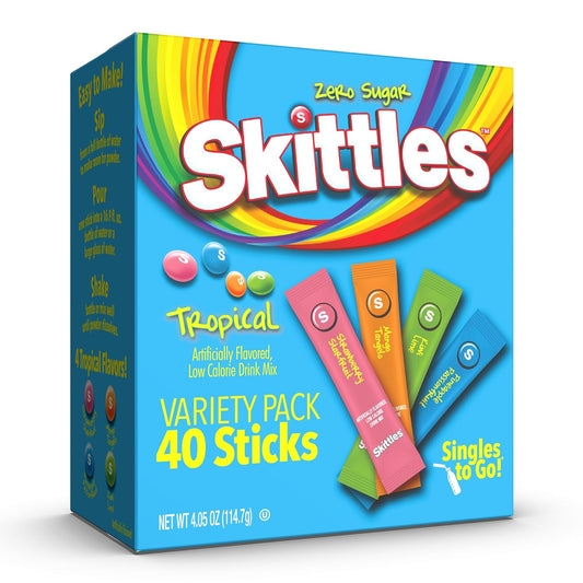 Skittles Singles To Go Tropical Variety Pack, Watertok Powdered Drink Mix, Zero Sugar, Low Calorie, Includes 4 Flavors: Strawberry Starfruit, Mango Tangelo, Kiwi Lime, Pineapple Passionfruit, 1 Box (40 Single Servings)