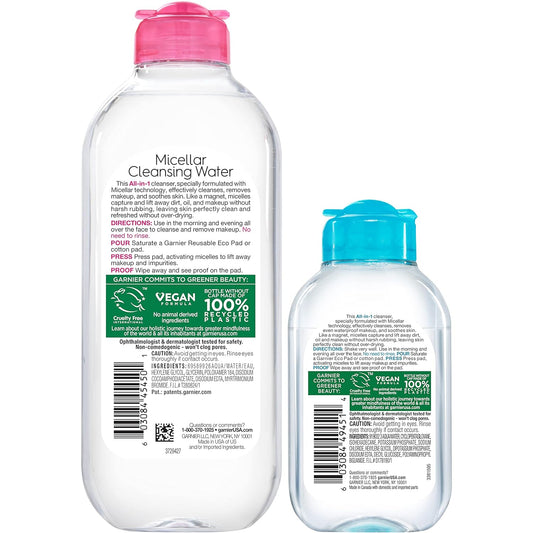 Garnier Micellar Cleansing Water, For All Skin Types, 13.5 Fl Oz + Micellar Cleansing Water, For Waterproof Makeup, 3.4 Fl Oz