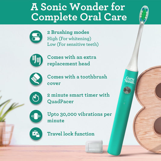 Gurunanda Cruiser Sonic Toothbrush With 8 Brush Heads, 1 Brush Cap, 1 Usb Cable - 2 Modes, 2-Minute Timer & More Than 30,000 Vibrations, Teal