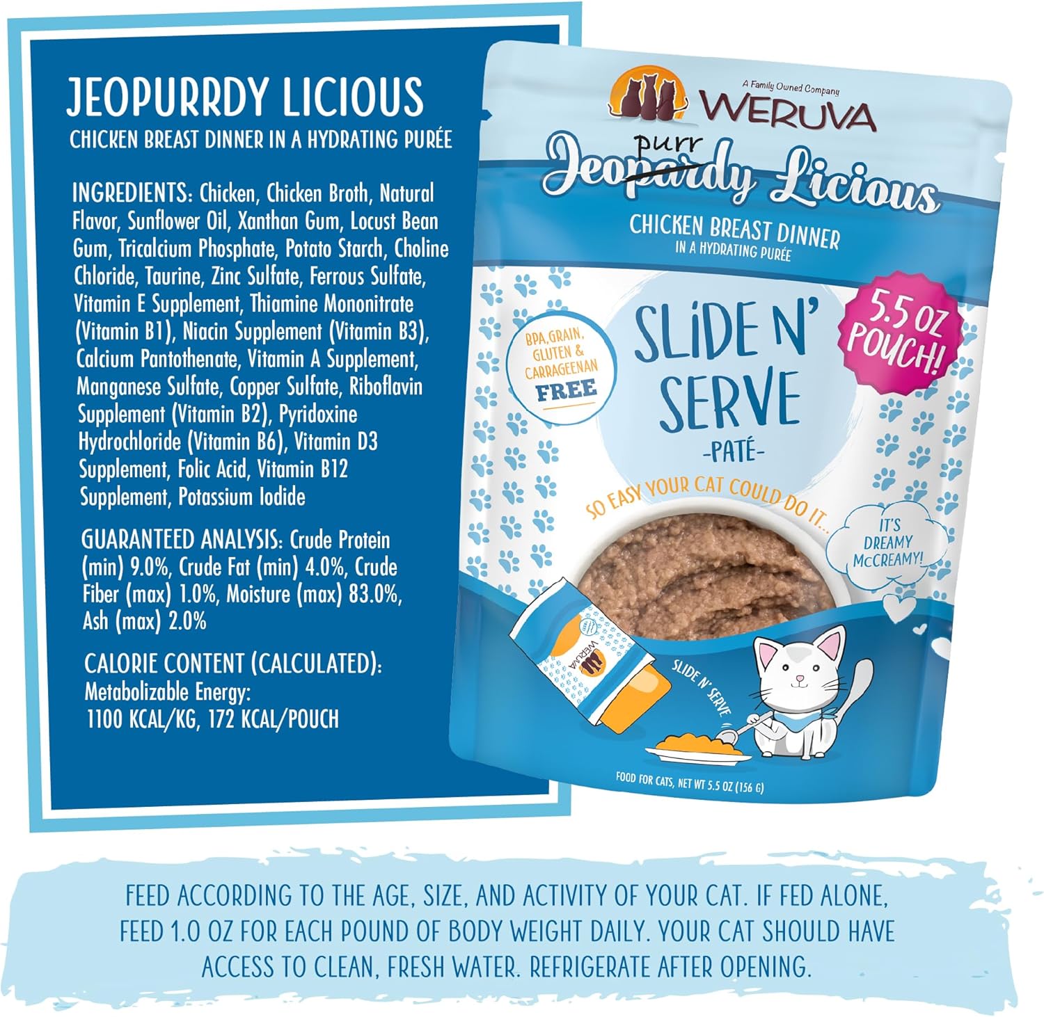 Weruva Wet Cat Food, Jeopurrdy Licious with Chicken Pate, 5.5oz Slide N Serve Pouch, Pack of 12 : Pet Supplies