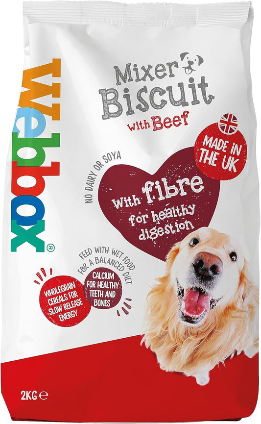 Webbox Mixer Biscuit Dry Dog Food (Adult), Beef - Wholegrain Cereals and Fibre for Healthy Digestion, Feed with Wet Food, Made in the UK (4 x 2kg Bags)