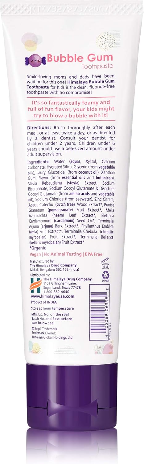 Himalaya Botanique Kids Toothpaste, Herbal, Bubble Gum Flavor, Fights Plaque, Fluoride Free, Gentle, No Artificial Flavors Or Colors, Sls Free, Gluten Free, Cruelty Free, Vegan, Foaming, 4 Oz, 4 Pack