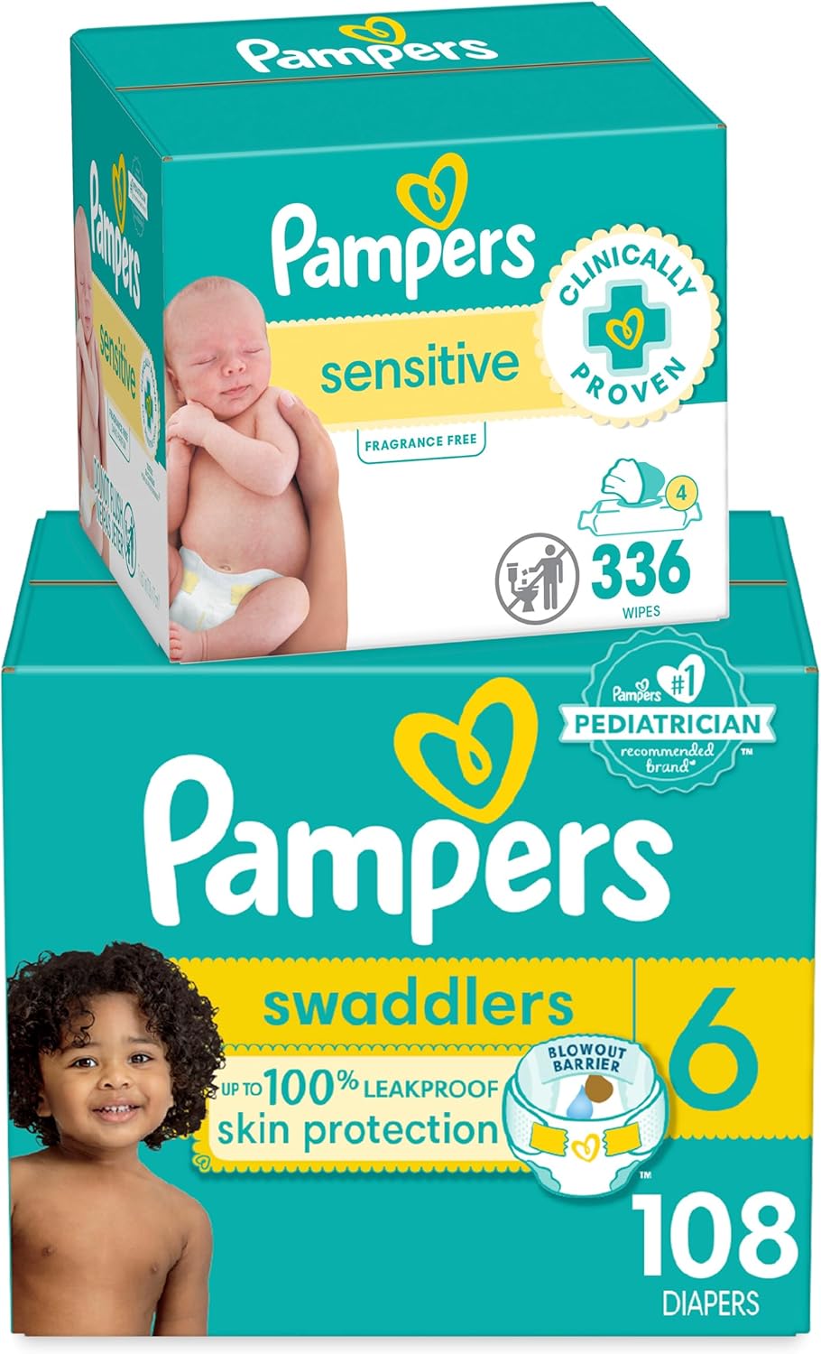 Pampers Swaddlers Disposable Baby Diapers Size 6, One Month Supply (108 Count) With Sensitive Water Based Baby Wipes 4X Pop-Top Packs (336 Count)