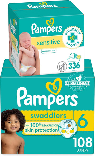 Pampers Swaddlers Disposable Baby Diapers Size 6, One Month Supply (108 Count) With Sensitive Water Based Baby Wipes 4X Pop-Top Packs (336 Count)