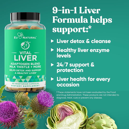 Vital Liver Cleanse Detox & Repair – 9-In-1 Liver Support Supplement – Milk Thistle, Artichoke Extract, Turmeric, Adaptogens – Optimal Liver Function And Digestive Health – 60 Vegetarian Soft Capsules