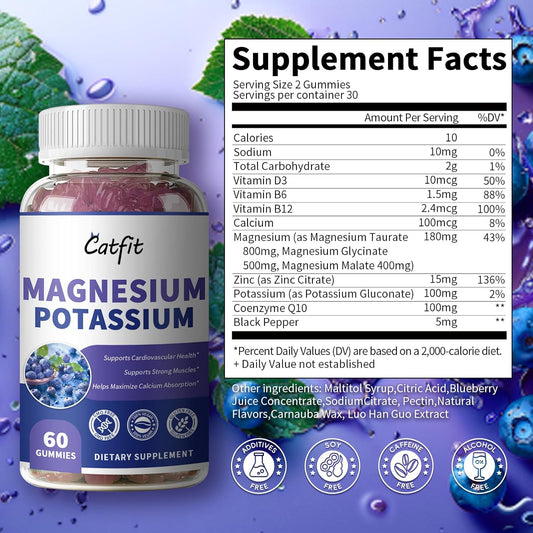 Potassium Magnesium Supplement Gummies,Magnesium Glycinate 500Mg,Potassium Gluconate 99Mg,Triple Magnesium Complex 1700Mg,Calcium,Zinc,Vitamin D3 For Leg Cramps,Sleep,Immunity & Energy,60 Ct Blueberry