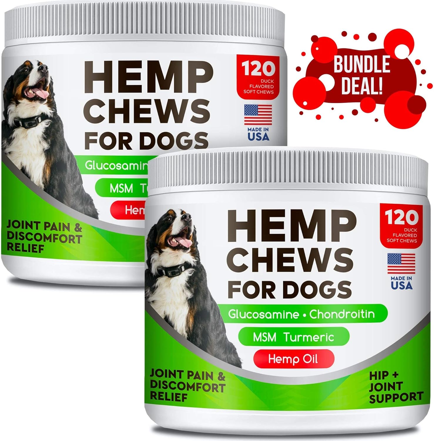 Hemp Chews + Glucosamine Combo For Picky Eaters - Duck And Bacon - Advanced Hip & Joint Supplement W/Hemp Oil Turmeric Msm Chondroitin + Hemp Protein To Improve Mobility - Joint Pain Relief