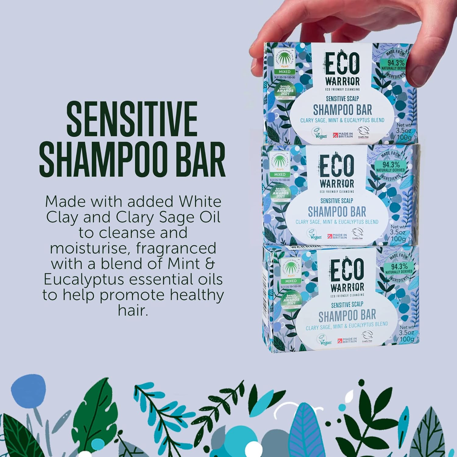 Eco Warrior Sensitive Shampoo Bar – Vegan, Cruelty Free, No SLS or Parabens, Deeply Nourishing White Clay & Clary Sage Oil, Natural Mint Plus Eucalyptus – Eco Friendly, 100g : Amazon.co.uk: Beauty