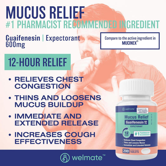 Welmate | Mucus Relief | Guaifenesin 600Mg | 12 Hr Support | Temporary Relief From Cough, Nasal & Chest Congestion, Infections, Colds, & Allergies | Expectorant | Extended-Release Tablets | 200 Ct