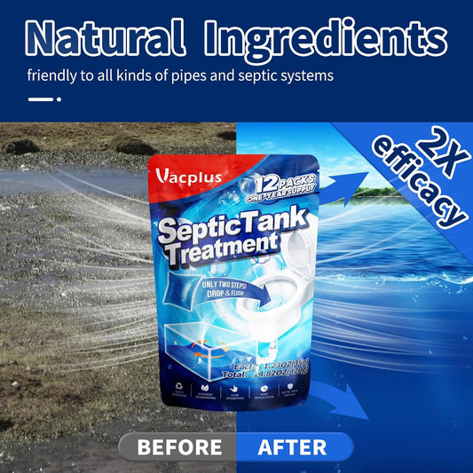 Vacplus Septic Tank Treatment 12 Pcs For 1-Year Supply, Dissolvable Packs With Easy Operation, Durable Biodegradable Enzymes For Wastes, Greases & Odors