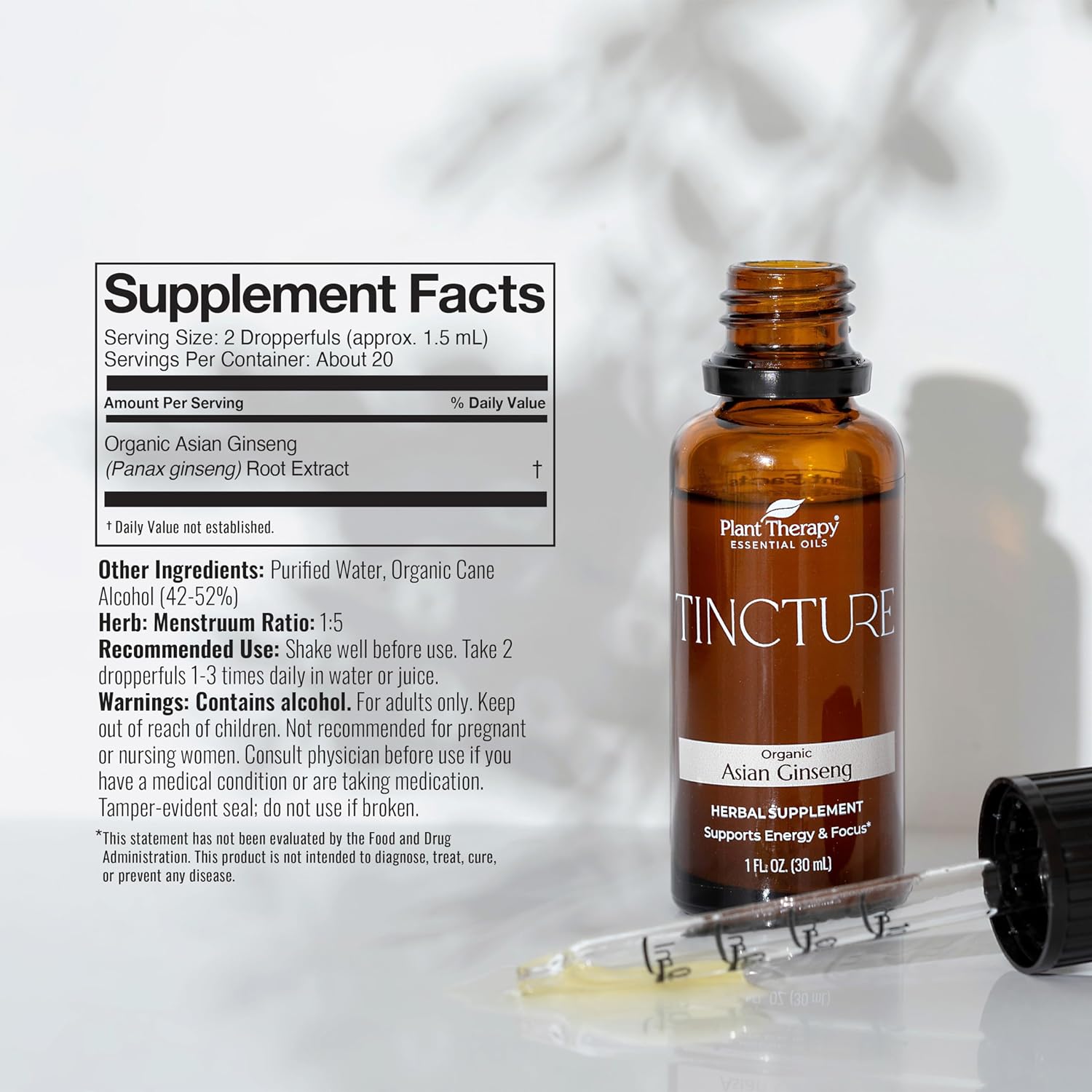 Plant Therapy Organic Asian Ginseng Root Herbal Supplement Tincture 30 mL (1 oz) Great for Energy, Encourages Mental Focus, Vegan, Non GMO, Gluten Free, Liquid, 1 Bottle : Health & Household