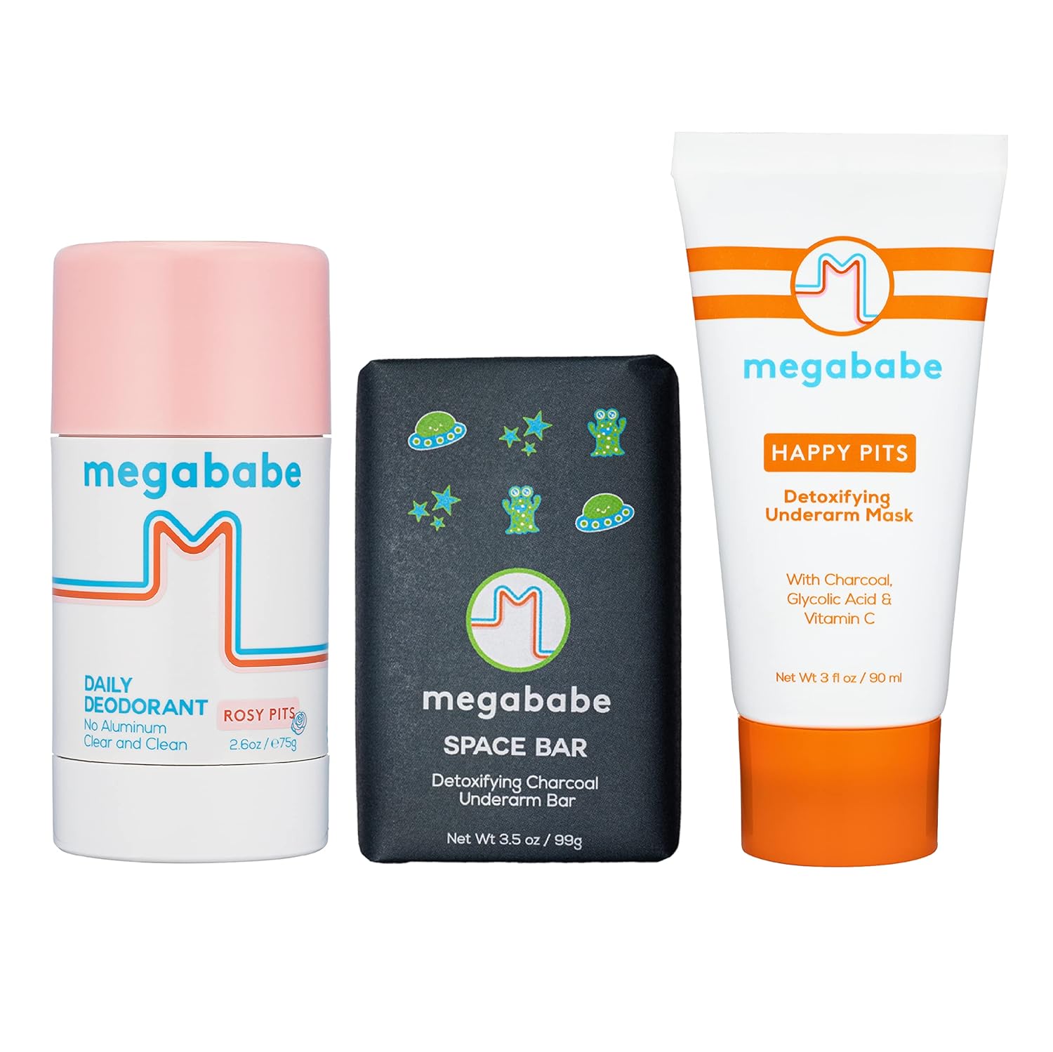 Megababe Ultimate Underarm 3-Piece Bundle - Rosy Pits Daily Deodorant 2.6 Oz, Space Bar Detox Soap 3.5 Oz & Happy Pits Underarm Mask 3 Fl Oz | Odor Protection, Aluminum Free
