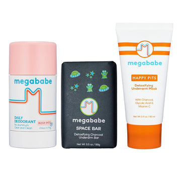 Megababe Ultimate Underarm 3-Piece Bundle - Rosy Pits Daily Deodorant 2.6 Oz, Space Bar Detox Soap 3.5 Oz & Happy Pits Underarm Mask 3 Fl Oz | Odor Protection, Aluminum Free
