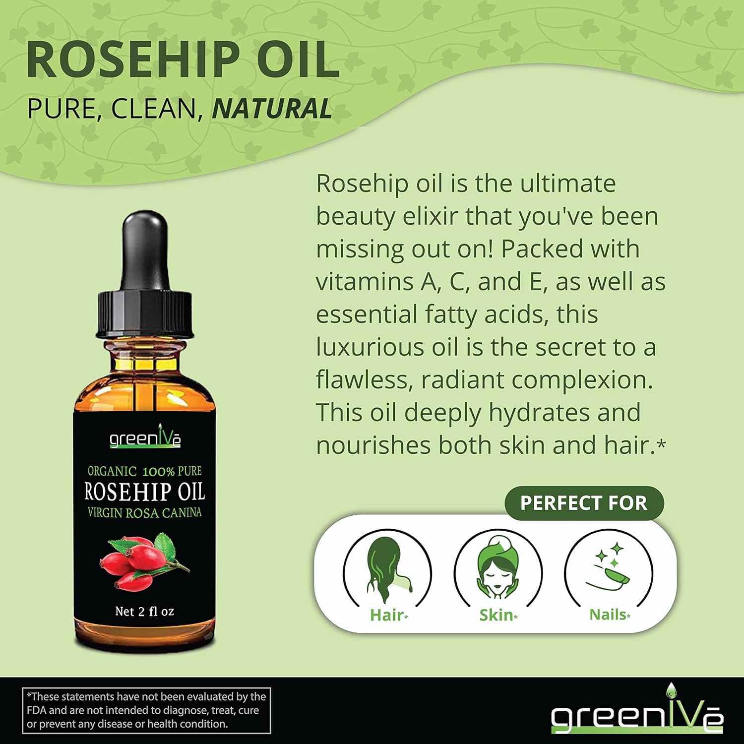 Greenive Organically Grown Rosehip Oil Rosa Canina 100% Pure Cold Pressed Virgin Oil Natural (16 Fl Oz) : Beauty & Personal Care