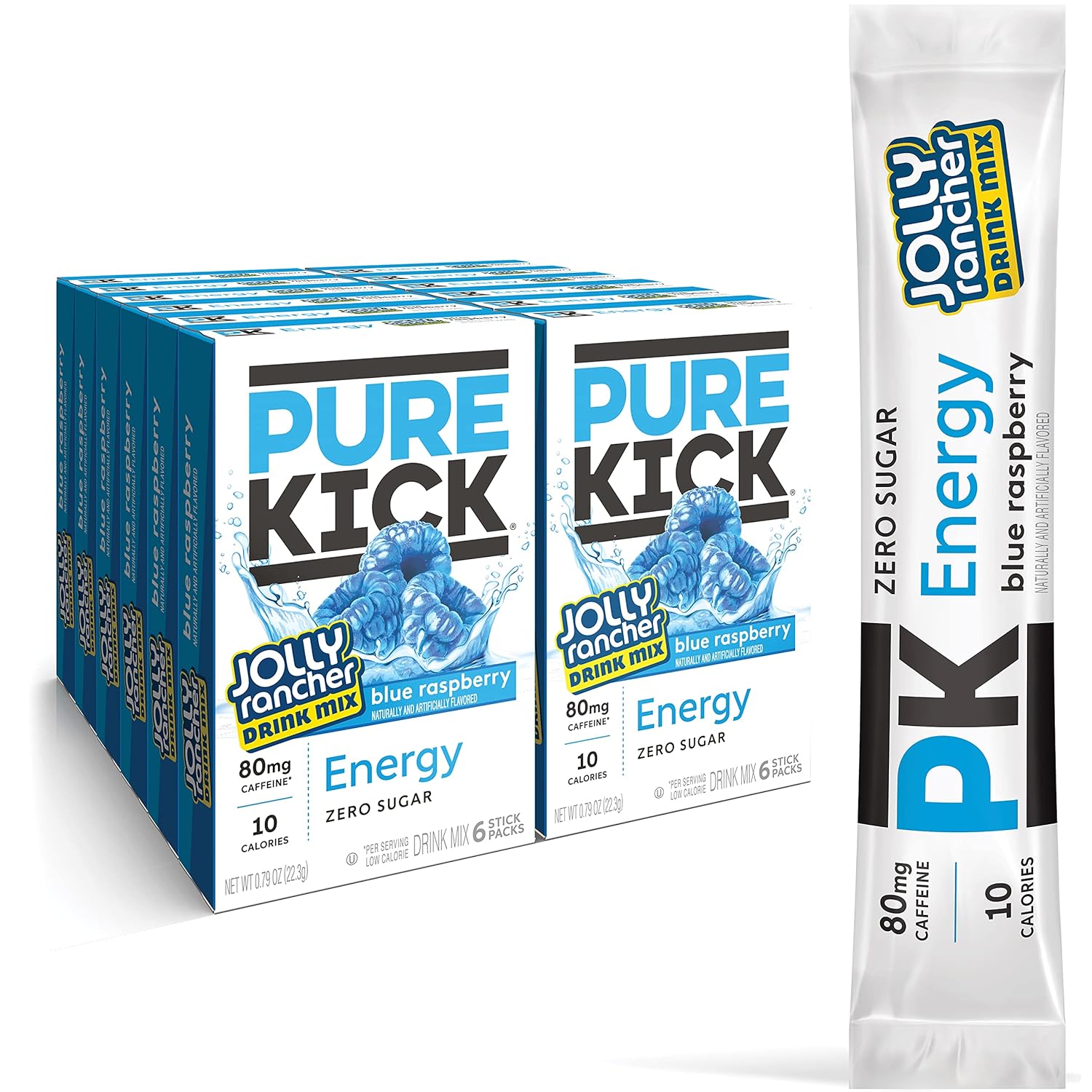 Pure Kick Energy Singles To Go Drink Mix, Jolly Rancher Blue Raspberry, Includes 12 Boxes With 6 Packets In Each Box, 72 Total Packets