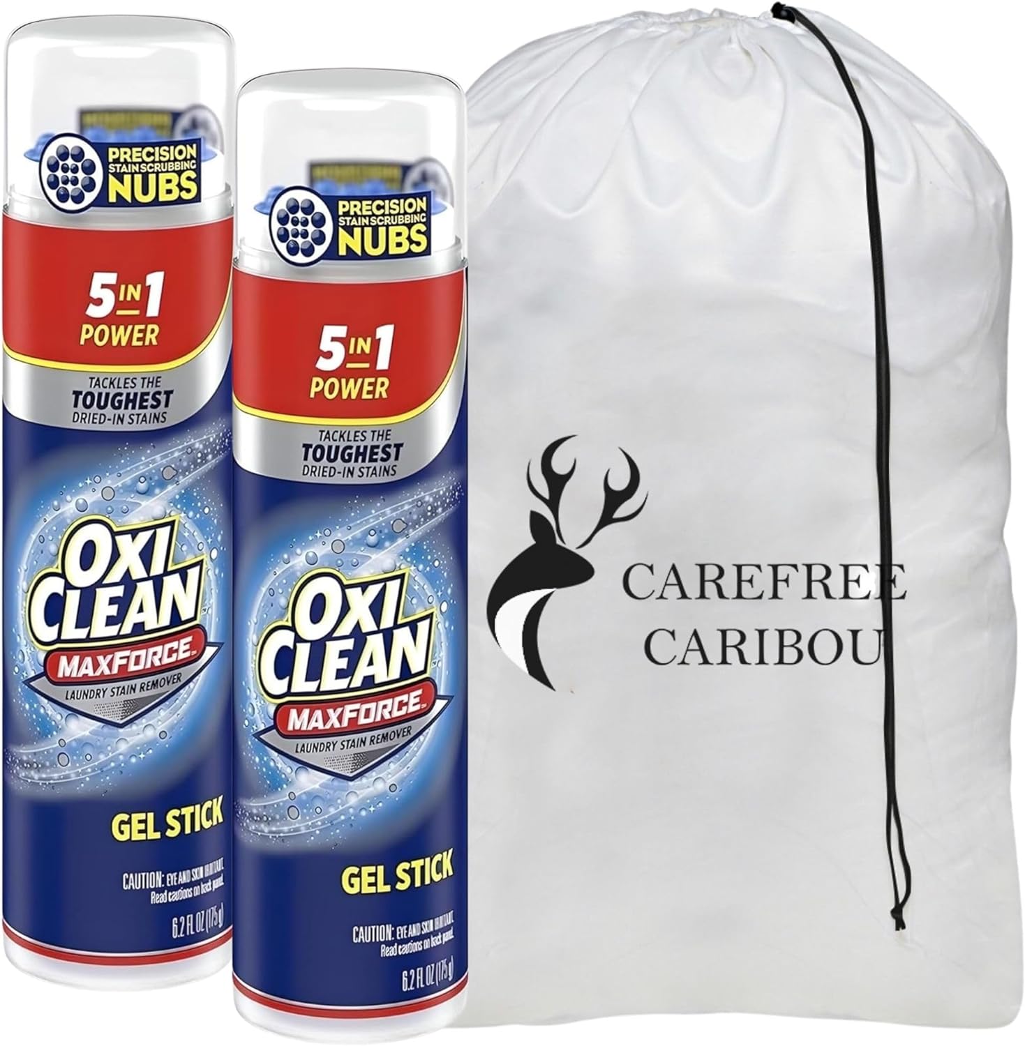 Stain Sticks For Clothes & Heavy Duty Laundry Bag Bundle: Featuring Two-"Oxi" Clean 6.2 Oz Gel Stick & One Extra-Large 24x36" Carefree Caribou Laundry Bags. Ideal for Travel, Gym & Home Use
