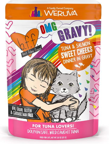 Weruva B.F.F. Omg - Best Feline Friend Oh My Gravy!, Tuna & Salmon Sweet Cheeks With Tuna & Salmon In Gravy Cat Food, 3Oz Pouch (Pack Of 12)