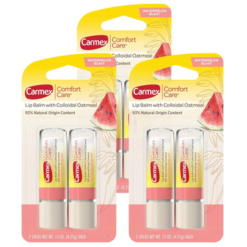 Carmex Comfort Care Lip Balm Sticks With Colloidal Oatmeal, Watermelon Blast Flavor, 6 Count (3 Packs Of 2)