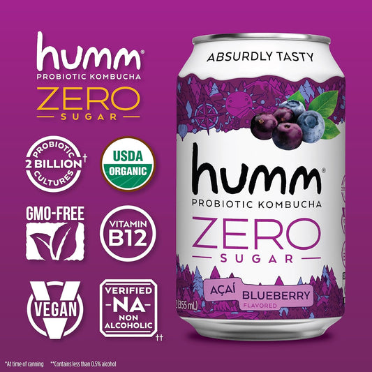 Humm Probiotic Kombucha Zero Sugar Variety Pack, No Refrigeration Needed, Keto Friendly, Organic, Vegan, Gluten Free, 12Oz Cans (16 Pack)