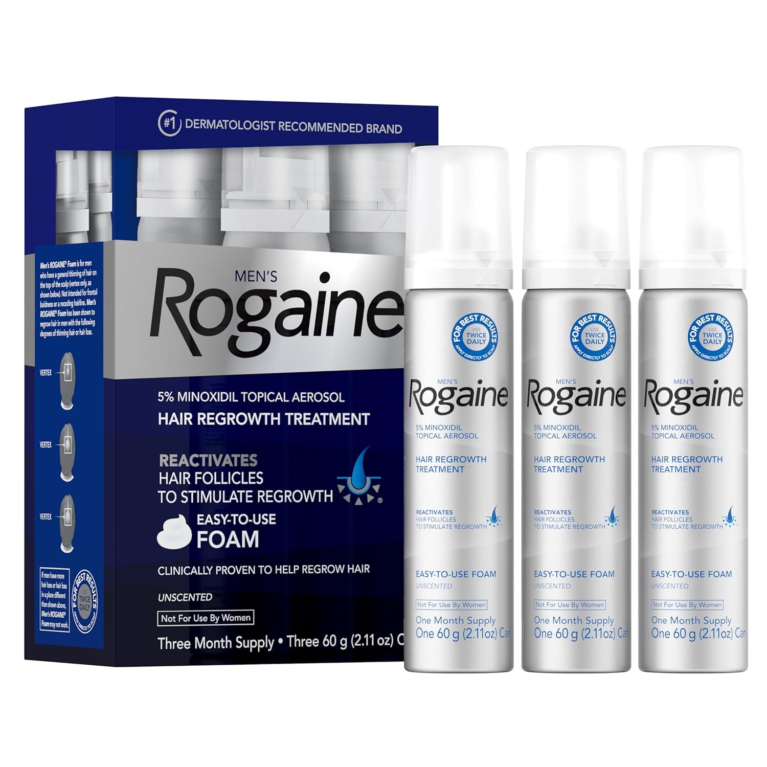 Men's Rogaine 5% Minoxidil Foam for Hair Loss and Hair Regrowth, Topical Treatment for Thinning Hair, 3-Month Supply