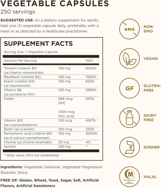 Solgar B-Complex "100", 250 Vegetable Capsules - Heart Health - Nervous System- Supports Energy Metabolism - Non-Gmo, Vegan, Gluten / Dairy Free, Kosher, Halal - 250 Servings