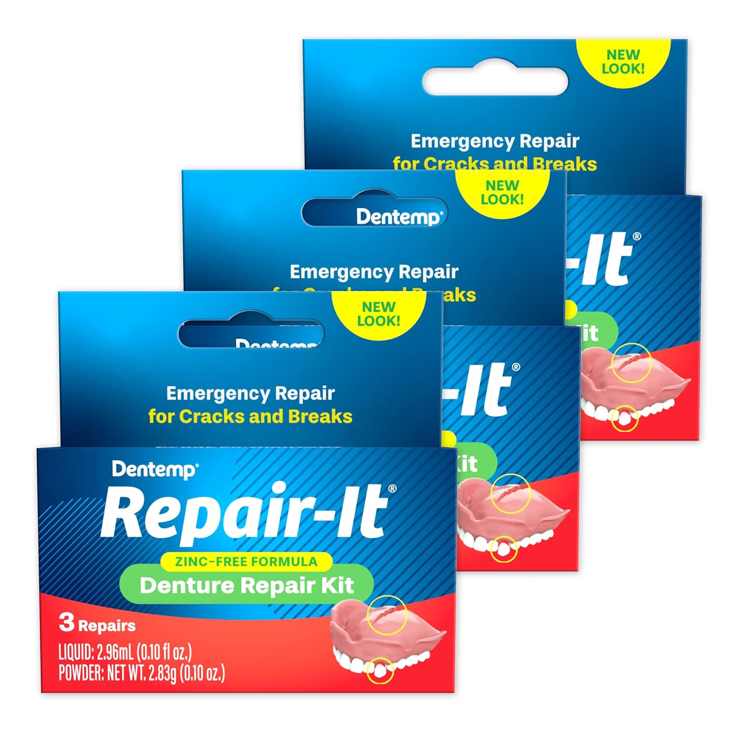 Dentemp Repair Kit - Repair-It Advanced Formula Denture Repair Kit (Pack of 3) - Denture Repair Kit Repairs Broken Dentures - Denture Repair to Mend Cracks & Replace Loose Teeth