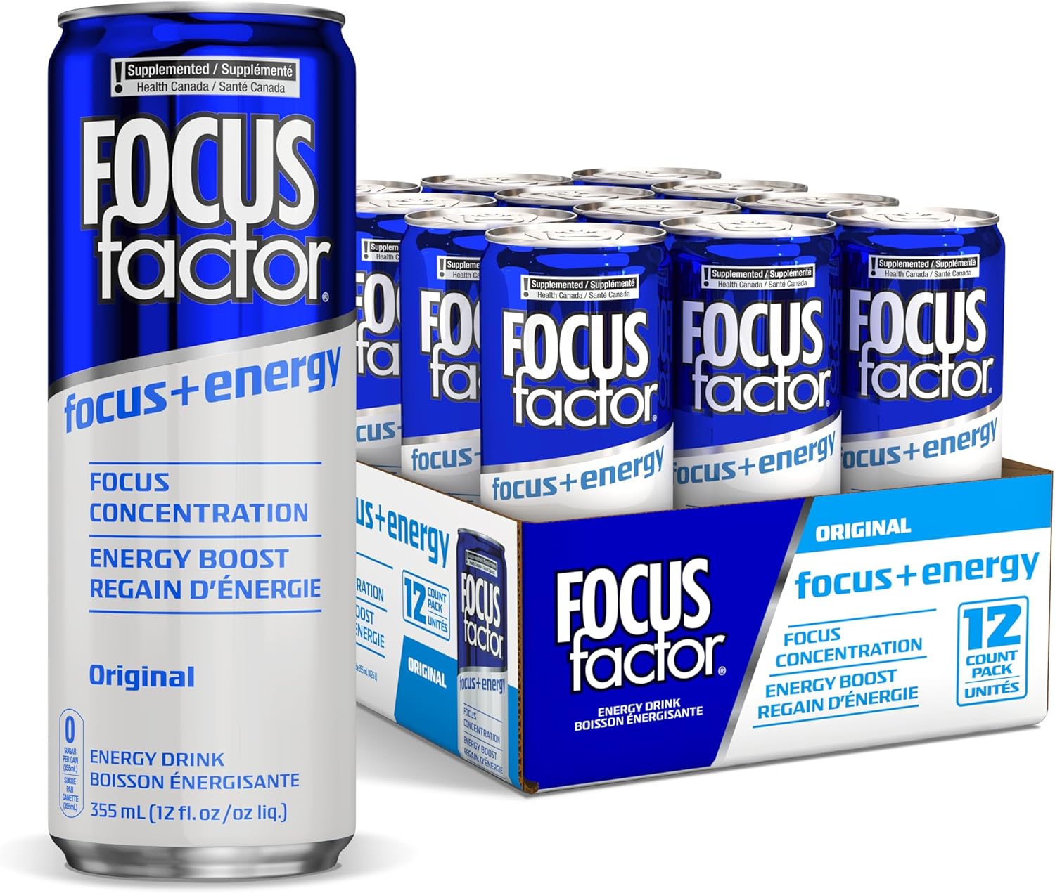 Focus Factor Energy Drink - 12 X 355Ml Cans (Original Flavour) - With Focus + Energy - Lightly Carbonated, Sugar Free, Low Calorie With Vitamin B6 & Vitamin B12