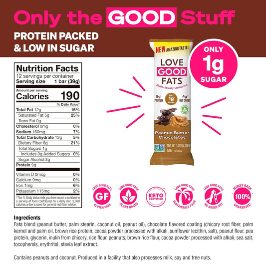 Love Good Fats Keto Bars, Truffle Peanut Butter Chocolate - Plant-Based Protein Snack, Low Carb, Low Sugar, Gluten Free, Non GMO, 12 Pack