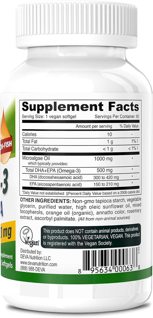 DEVA Vegan Omega-3 DHA EPA Supplement - Once-Per-Day Softgel 500 MG - Carrageenan Free - Gelatin Free - Non-Fish - Algae Oil Omega-3 Fatty Acids - 60 Softgels