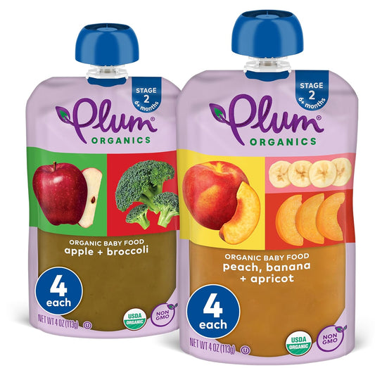 Plum Organics Stage 2 Organic Baby Food Pouches Bundle - 4 Oz Pouch (Pack Of 8) - Apple And Broccoli - Peach, Banana, And Apricot - Organic Fruit And Vegetable Baby Food