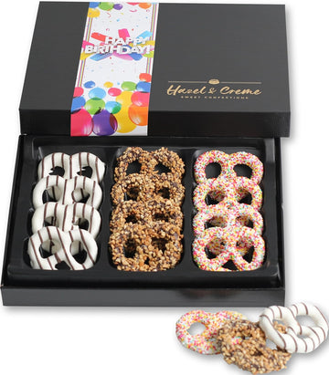 Birthday Pretzel Box - 12 Pieces - Birthday Chocololate Candy Gift - Dark Chocolate Covered Pretzels - Vegan Chocolate Pretzel Gift
