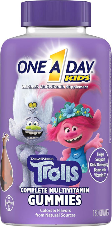 One A Day Kids Trolls Multivitamin Gummy, Kids Vitamins With Vitamins A, B6, B12, C, D, E, Zinc, Folic Acid And Biotin (Packaging May Vary), Trolls, 180 Count
