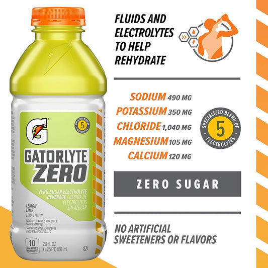 Gatorlyte Zero Electrolyte Beverage, Lemon Lime, Zero Sugar Hydration, Specialized Blend Of 5 Electrolytes, No Artificial Sweeteners Or Flavors, 20 Fl Oz Bottles (Pack Of 12)