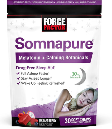 FORCE FACTOR Somnapure Soft Chews with 10mg Melatonin, L-Theanine, Chamomile, Lemon Balm, Dream Berry Flavor, 30 Soft Chews
