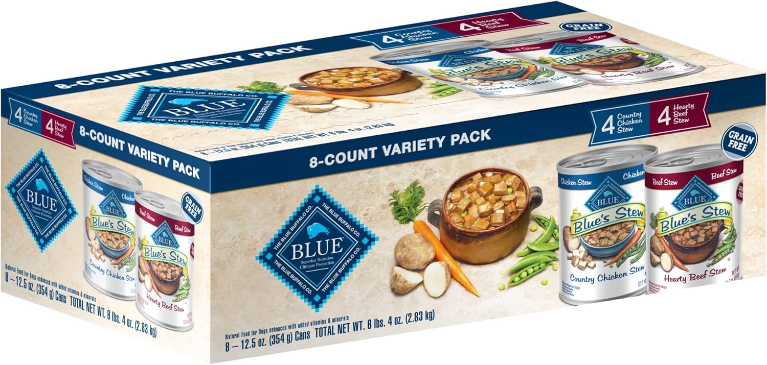 Blue Buffalo Blue'S Stew Natural Adult Wet Dog Food Variety Pack, Chicken Stew & Beef Stew 12.5-Oz Can (8 Count- 4 Of Each Flavor)