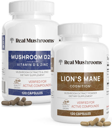 Real Mushrooms Vitamin D2, Zinc, Chaga, Reishi (120Ct) And Lion'S Mane (120Ct) Bundle - Immunity And Cognitive Support, Chelated Zinc For Improved Absorption - Vegan, Gluten Free, Non-Gmo