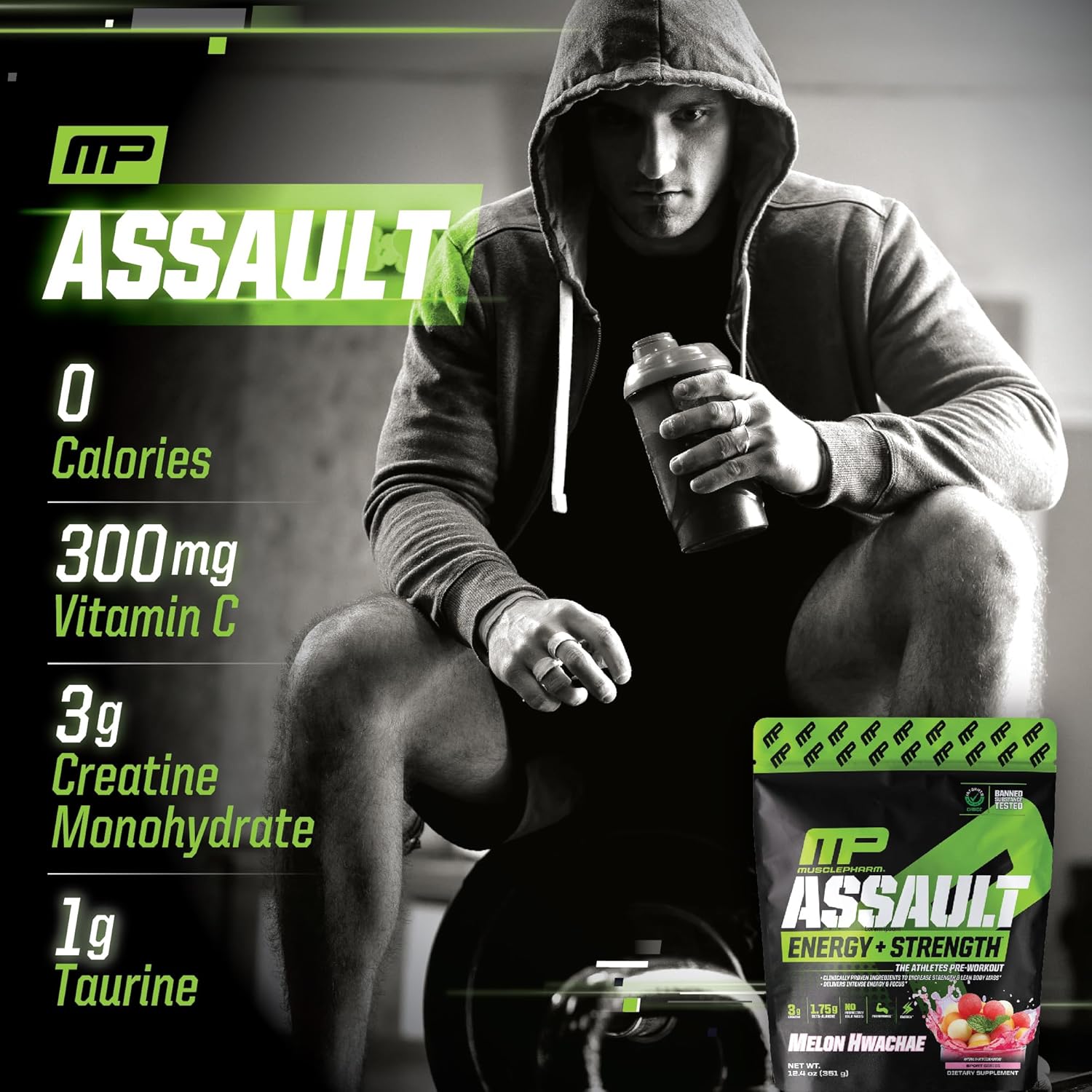 Muscle Pharm Assault Energy & Strength Pre Workout Powder For Men & Women With Beta Alanine, Caffeine, Creatine & Betaine Anhydrous, Pre-Workout Supplements, 30 Servings, Hwachae Melon Flavor : Health & Household