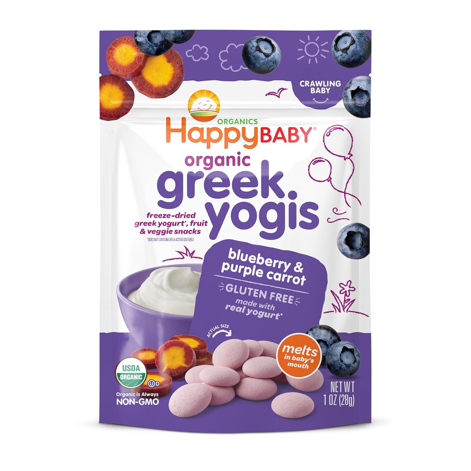 Happy Baby Organics Baby Snacks, Greek Yogis, Freeze Dried Yogurt &Veggie Fruit Snacks, Gluten Free Snack For Babies 9+ Months, Blueberry & Purple Carrot, 1 Ounce