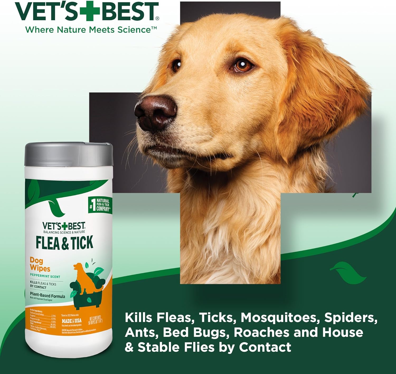 Vet's Best Flea and Tick Wipes for Dogs and Cats - Flea Treatment for Cats and Dogs - Plant-Based Formula - Certified Natural Oils - 50 Count : Pet Supplies
