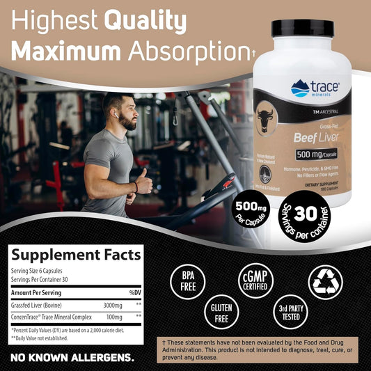 Trace Minerals | Ancestral Beef Liver Capsules (3000mg Bovine Liver) | Pasture Raised, Grass Fed & Finished | Paleo & Keto Friendly | 30 Servings | 180 Count