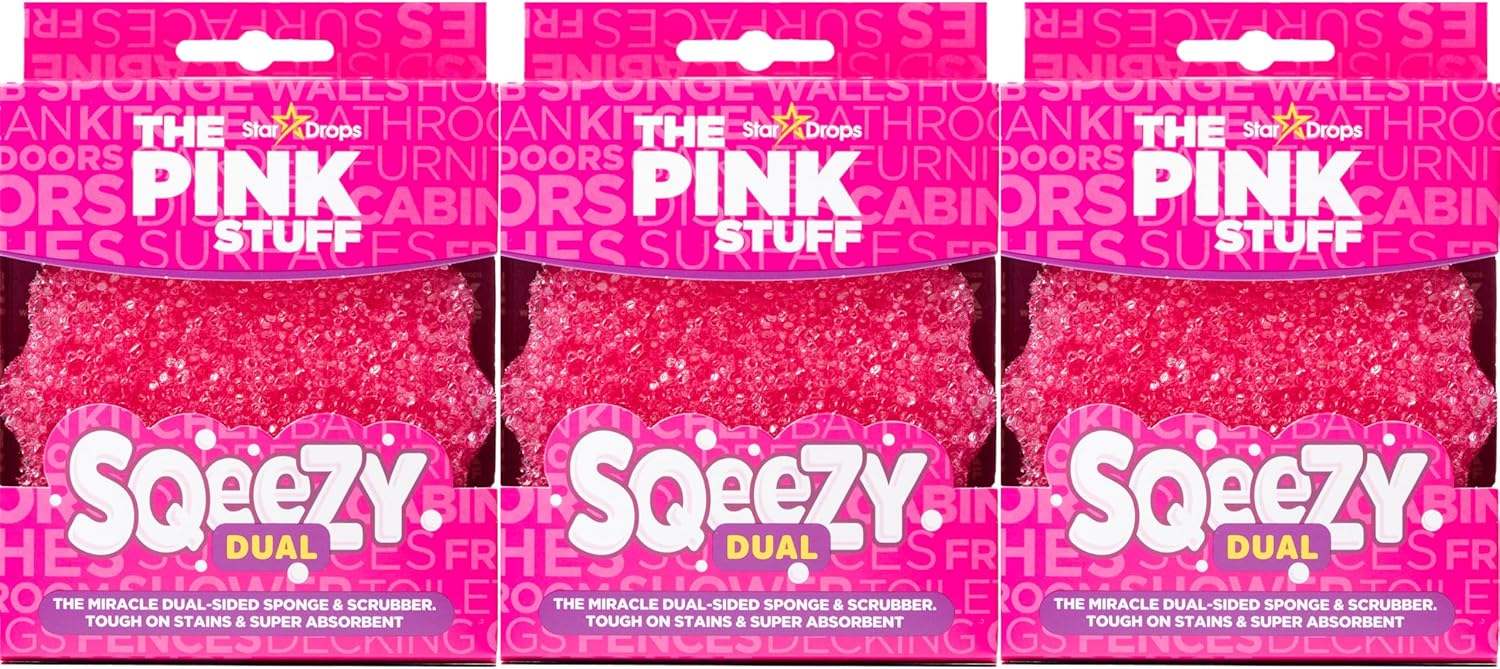 Stardrops – The Pink Stuff – Sqeezy Miracle Dual Sided Scrubber Sponge, Scratch Free Solution For Ultimate Home Cleaning - Perfect For Kitchens, Bathrooms, And Outdoor Use, 3-Pack