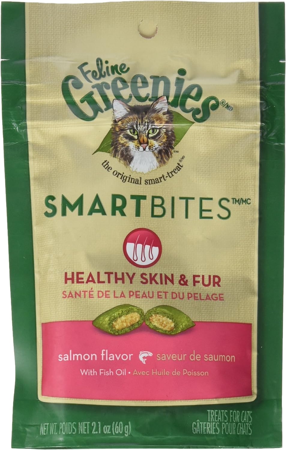 Greenies Feline SMARTBITES Skin & Fur Salmon 2.1oz - Six (6) Packages : Pet Snack Treats : Pet Supplies