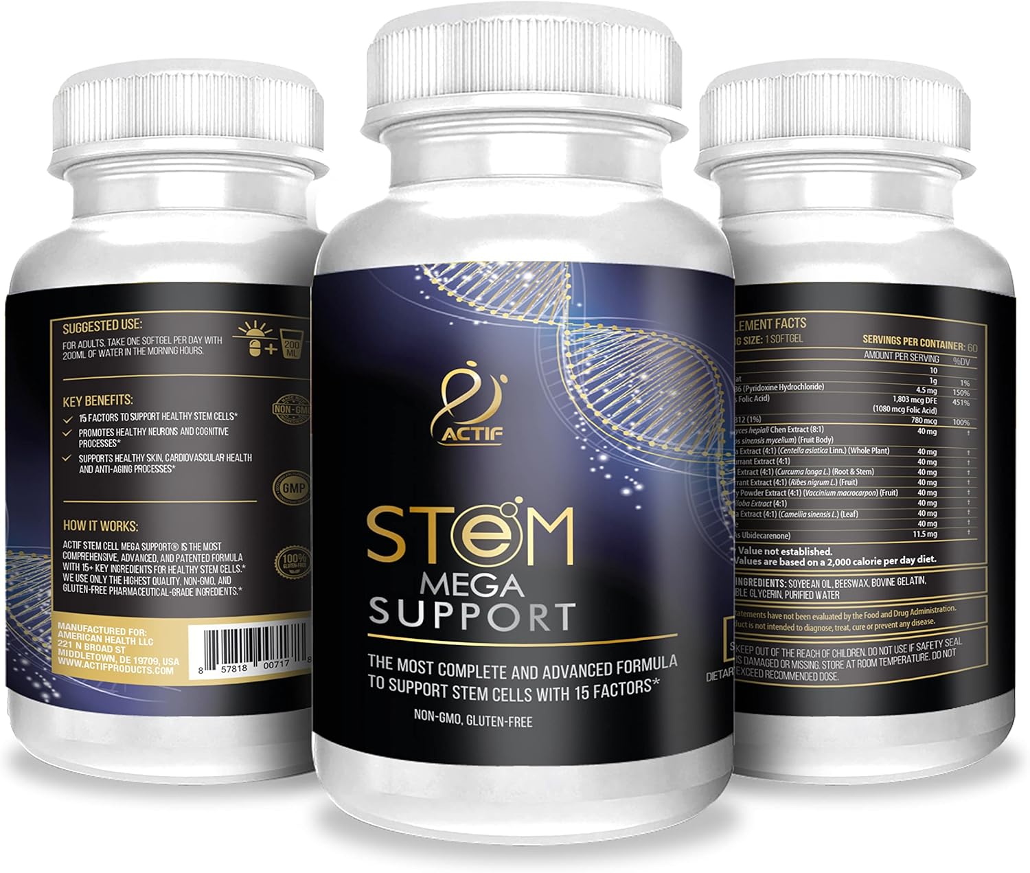 ACTIF Stem Cell Mega Support with 15 Factors - Non-GMO, 2 Month Supply, Made in USA : Health & Household