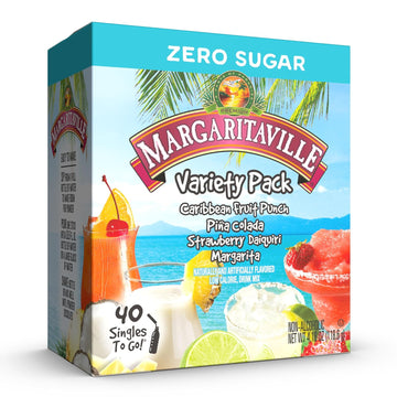 Margaritaville Singles To Go Water Drink Mix, Variety Pack, Includes 4 Flavors: Caribbean Fruit Punch, Pina Colada, Strawberry Daiquiri, And Margarita,1 Box (40 Single Servings)