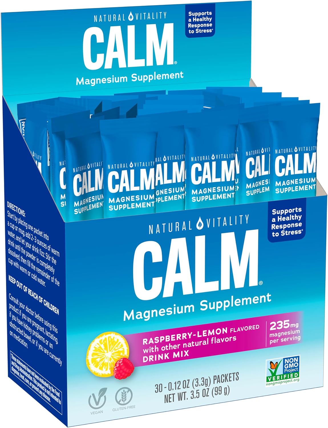 Natural Vitality Calm, Magnesium Citrate Supplement, Anti-Stress Drink Mix Powder - Gluten Free, Vegan, & Non-Gmo, Raspberry Lemon, 0.12 Oz, 30 Packets