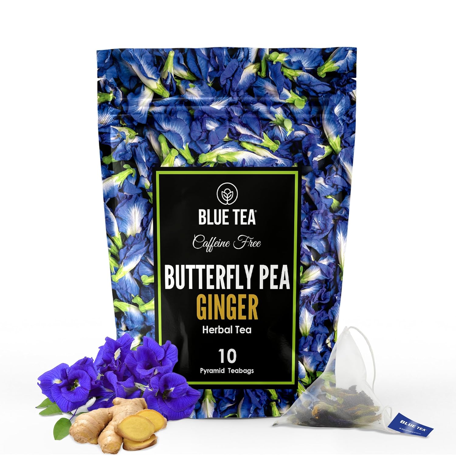 Blue Tea - Butterfly Pea Flower Tea - Ginger - 10 Count - Plant Based Tea Bag || Detox Tea || Herbal Tea - Caffeine Free - Flower Based - Vegan - Non-Gmo - Non-Bitter | Ziplock Pack