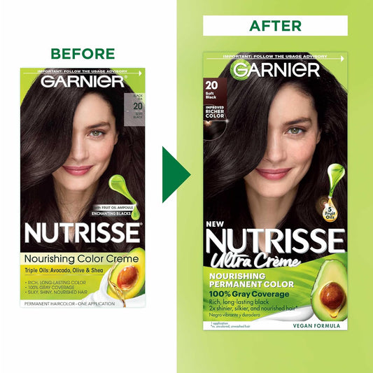 Garnier Hair Color Nutrisse Nourishing Creme, 20 Soft Black (Black Tea) Permanent Hair Dye, 2 Count (Packaging May Vary)