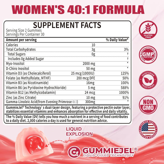 Inositol Gummies Supplement With Evening Primrose Oil For Women - 40:1 Ratio Myo-Inositol 2000Mg & D-Chiro Inositol 50Mg With Vit D3 B12 & Zinc, Sugar-Free For Natural Balance, Vegan (120Ct)