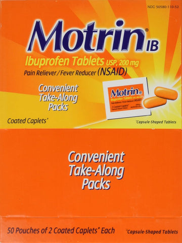 Motrin Ib, Ibuprofen 200Mg Tablets, Pain Reliever/Fever Reducer For Muscular Aches, Headache, Backache And Minor Arthritis Pain, Convenient For Travel & On-The-Go, 50 Packets Of 2, 100 Ct